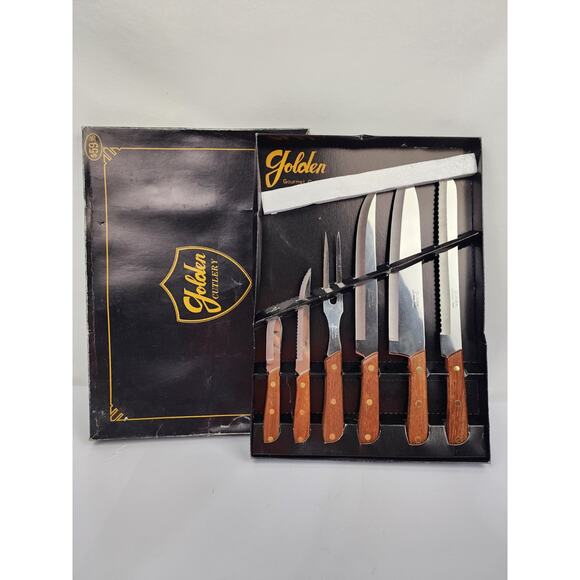 Golden Cutlery 6pc Vtg Carving Set New in Box Bread Chef Steak & Paring Knives - Picture 1 of 7